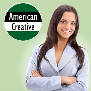 American Creative Logo with Woman Smiling After Receiving Internet Marketing for Small Business